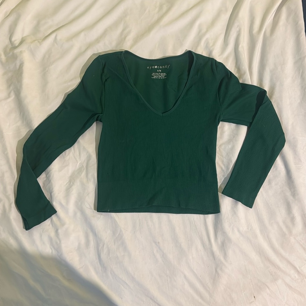 Forest Green Fitted V-Neck Long Sleeve Crop Top (S/M, Junior Fit)
